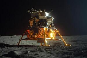 Lunar module standing on the moon surface at night reflecting light photo