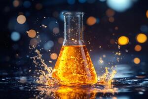 Erlenmeyer flask with orange liquid splashing in laboratory setting photo