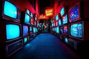 Alley at night illuminated by retro televisions showing abstract content photo