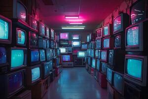 Retro tvs showing static noise in dark neon room photo