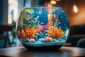 Round fishbowl aquarium with colorful fish and plants creating a relaxing atmosphere photo