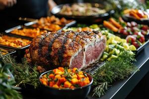 Delicious grilled beef roast with vegetables and side dishes displayed on buffet table photo