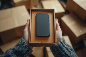 Warehouse worker holding new smartphone in a box, surrounded by cardboard boxes photo