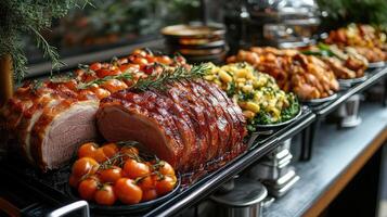 Sizzling pork loin roast garnished with roasted tomatoes and rosemary on a festive table.. photo