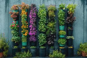 Vertical garden displaying lush greenery and vibrant flowers on a concrete wall photo