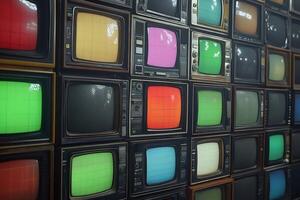 Wall of vintage televisions displaying colorful static and grid patterns photo