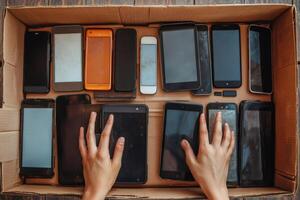 Technician choosing smartphone or tablet for repairing in cardboard box photo