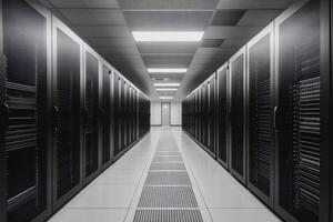 Server room corridor with data cabinets hosting cloud computing services photo