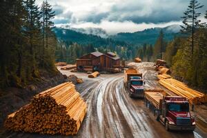 Logging trucks leaving lumber mill in forest with mountain view photo