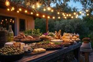 Outdoor buffet table displayed with various foods under string lights . photo