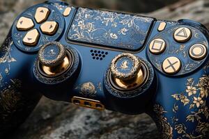 Customized gamepad controller resting on wooden table, exhibiting intricate golden design photo
