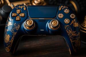 Customized gamepad controller resting on wooden table photo