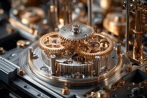 Complex clockwork mechanism with gears rotating smoothly photo