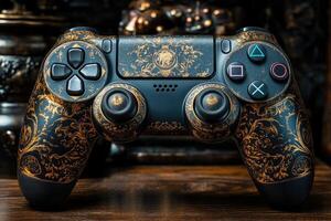 Customized gamepad controller resting on wooden table, exhibiting intricate golden design . photo