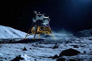 Lunar module landing on the moon surface during space mission at night photo