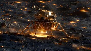 Lunar module landing on the moon surface at night with artificial lights photo