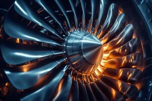 Close up of turbofan engine blades showing internal mechanics and powerful technology photo