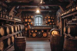 Wine cellar with wooden barrels and shelves full of bottles aging, creating an atmosphere of tradition photo