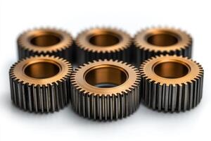 Interlocking metal gears representing teamwork and precision engineering photo