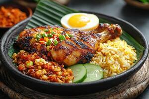 Delicious grilled chicken with rice, egg, and vegetables on banana leaf photo