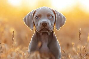 Portrait of beautiful weimaraner puppy dog sitting in wheat field at golden hour photo