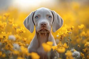 Weimaraner puppy sitting in a field of buttercup flowers photo
