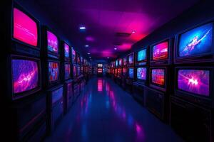 Retro tvs showing colorful abstract patterns creating a vintage illuminated hallway photo