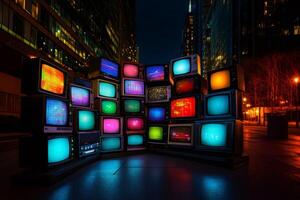 Vintage televisions showing colorful static and pixelated images at night in a city photo