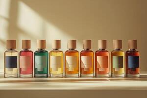 Colorful perfume bottles with wooden caps creating an appealing display photo