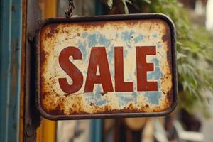 Rusty metal sign hanging and showing the word sale photo