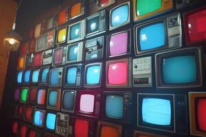 Wall showing many colorful old televisions broadcasting different signals photo