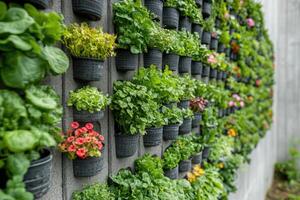 Vertical garden displaying lush greenery and vibrant flowers on a concrete wall .. photo