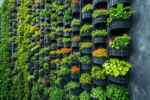 Vertical garden showing many plants growing in pots on a wall photo