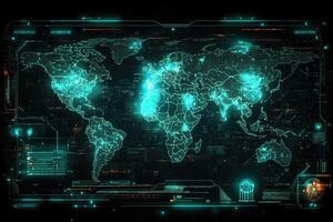 Futuristic global monitoring system displaying world map with data points photo