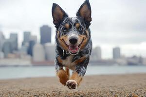 Happy australian cattle dog running on the beach with city in background photo
