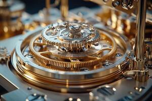 Intricate clockwork mechanism rotating, symbolizing precision and time photo