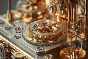 Complex clockwork mechanism with gears rotating smoothly. photo