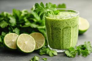 Glass of cilantro and lime smoothie with fresh ingredients on grey table photo