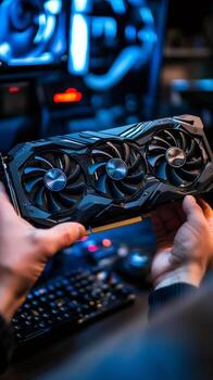 Technician installing new graphics card in gaming computer. photo