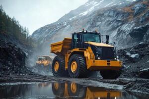Large haul truck working in open pit mine in mountainous terrain photo