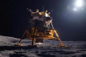 Lunar module standing on the moon surface under moonlight and stars photo