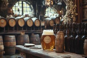 Pint of beer resting on rustic table in brewery cellar photo