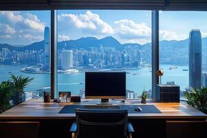 Modern office desk overlooking hong kong skyline with computer, keyboard, mouse, books, and plants photo