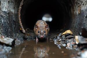 Brown rat emerging from sewer pipe in dirty water photo