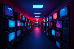Corridor with televisions showing abstract colorful static noise in blue and red light photo