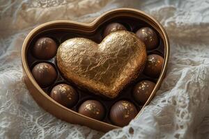 Heart shaped box overflowing with chocolates and a golden heart decoration photo