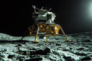 Lunar module standing on moon surface at night with stars in background photo