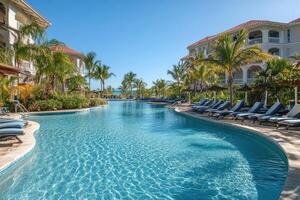 Luxury hotel with swimming pool surrounded by palm trees and sunbeds inviting relaxation photo