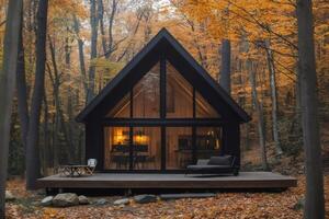 Cozy a frame cabin nestled in tranquil autumn forest setting photo