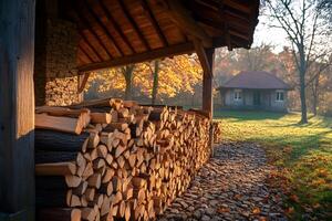 Firewood is drying under a canopy in front of a house during a beautiful fall day photo